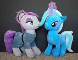 Size: 2500x1938 | Tagged: safe, artist:cheezedoodle96, artist:onlyfactory, character:maud pie, character:trixie, species:pony, species:unicorn, ship:mauxie, ear scratch, female, irl, lesbian, magic, mare, photo, plushie, shipping, telekinesis