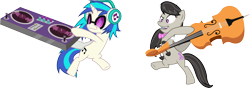 Size: 13544x4774 | Tagged: safe, artist:masem, character:dj pon-3, character:octavia melody, character:vinyl scratch, species:earth pony, species:pony, species:unicorn, episode:slice of life, g4, my little pony: friendship is magic, .ai available, absurd resolution, bow tie, cello, cutie mark, female, headphones, hooves, horn, mare, mixing console, musical instrument, open mouth, simple background, sunglasses, teeth, transparent background, turntable, vector