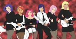 Size: 1280x661 | Tagged: safe, artist:eve-ashgrove, character:applejack, character:fluttershy, character:pinkie pie, character:rainbow dash, character:rarity, character:twilight sparkle, species:human, addicted to love, bass guitar, drums, electric guitar, eyeshadow, guitar, humanized, keyboard, lipstick, mane six, microphone, music video reference, musical instrument, robert palmer, tambourine