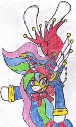 Size: 2065x3458 | Tagged: safe, artist:cuddlelamb, character:princess celestia, backbend, clothing, costume, female, jester, solo, traditional art