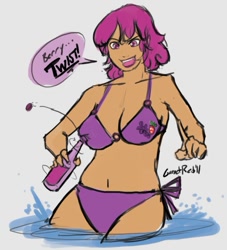 Size: 683x753 | Tagged: safe, artist:moronsonofboron, character:berry punch, character:berryshine, species:human, belly button, bikini, bottle, bottlecap, clothing, female, humanized, purple swimsuit, side-tie bikini, solo, swimsuit