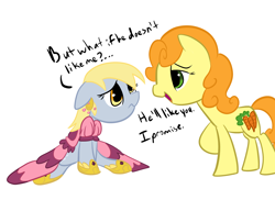 Size: 2338x1700 | Tagged: safe, artist:tess, character:carrot top, character:derpy hooves, character:golden harvest, species:pegasus, species:pony, clothing, dress, female, mare