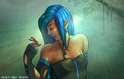 Size: 1280x818 | Tagged: safe, artist:eve-ashgrove, artist:vest, character:queen chrysalis, species:human, clothing, dress, earring, elf ears, evening gloves, eyes closed, female, fingerless elbow gloves, gloves, humanized, piercing, solo