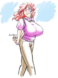 Size: 900x1200 | Tagged: safe, artist:moronsonofboron, character:twist, species:human, big breasts, breasts, busty twist, female, huge breasts, humanized, one eye closed, solo, sweater vest