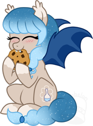 Size: 520x700 | Tagged: safe, artist:tambelon, oc, oc only, oc:glimmer palette, species:bat pony, species:pony, cookie, cute, eating, fangs, nibbling, ocbetes, solo, watermark