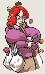 Size: 440x726 | Tagged: safe, artist:moronsonofboron, character:twist, species:human, big breasts, breasts, busty twist, candy, candy cane, cupcake, female, huge breasts, humanized, lollipop, solo