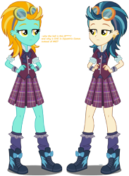 Size: 4167x5687 | Tagged: safe, artist:xebck, edit, character:indigo zap, character:lightning dust, equestria girls:friendship games, g4, my little pony: equestria girls, my little pony:equestria girls, absurd resolution, clothing, comparison, crystal prep academy uniform, ear piercing, earring, equestria girls-ified, goggles, jewelry, piercing, plaid skirt, pleated skirt, rainbow dash's counterparts, school uniform, shoes, simple background, skirt, sneakers, socks, transparent background, vector