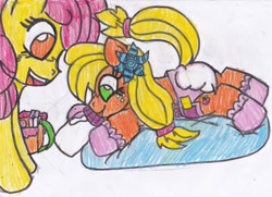 Size: 1024x740 | Tagged: dead source, safe, artist:cuddlelamb, character:apple bloom, character:applejack, species:pony, age regression, baby, baby pony, diaper, foal, poison joke, traditional art
