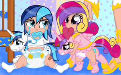 Size: 1024x637 | Tagged: safe, artist:cuddlelamb, character:princess cadance, character:princess celestia, character:shining armor, species:human, ship:shiningcadance, babies, baby, cute, cutedance, diaper, female, humanized, male, pacifier, plushie, poofy diaper, shipping, straight, younger