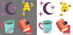 Size: 2000x960 | Tagged: safe, artist:cheezedoodle96, character:booksmart, character:honey lemon, character:moondancer, character:morning roast, .svg available, bee, beehive, book, coffee mug, cup, cutie mark, librarian, moon, simple background, stars, svg, transparent background, vector
