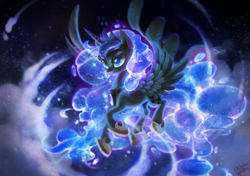 Size: 2790x1963 | Tagged: safe, artist:dawnfire, character:princess luna, species:alicorn, species:pony, g4, cloud, cloudy, colored pupils, female, flying, glowing mane, mare, night, night sky, signature, solo, spread wings, wings