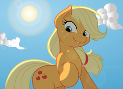 Size: 9000x6500 | Tagged: safe, artist:joey darkmeat, artist:mamandil, character:applejack, species:earth pony, species:pony, absurd resolution, cloud, cloudy, female, hatless, lens flare, looking at you, looking down, missing accessory, raised hoof, sky, solo, sun, vector