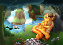 Size: 1280x904 | Tagged: safe, artist:sugaryviolet, character:spitfire, oc, oc:chocolate chips, species:earth pony, species:pegasus, species:pony, blushing, canon x oc, clover, crepuscular rays, cuddling, cute, eyes closed, female, firechips, forest, four leaf clover, freckles, grass, grin, male, mare, nature, on back, on side, outdoors, picnic, scenery, shipping, smiling, snuggling, stallion, straight, underhoof, water, waterfall