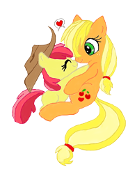 Size: 592x806 | Tagged: safe, artist:freefraq, character:apple bloom, character:applejack, cuddling, cute, heart, hug, nuzzling, snuggling