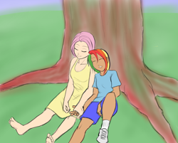 Size: 1068x858 | Tagged: safe, artist:eve-ashgrove, character:fluttershy, character:rainbow dash, species:human, ship:flutterdash, barefoot, clothing, colored, dress, feet, female, holding hands, humanized, lesbian, shipping, sleeping, tree