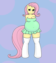 Size: 1085x1213 | Tagged: safe, artist:funble, character:fluttershy, species:anthro, species:unguligrade anthro, belly, big belly, clothing, dress, female, looking at you, preggoshy, pregnant, pregnant expansion, solo