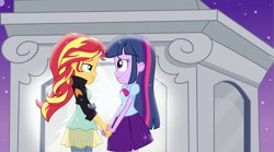 Size: 3947x2189 | Tagged: dead source, safe, artist:xebck, character:sunset shimmer, character:twilight sparkle, ship:sunsetsparkle, my little pony:equestria girls, bow tie, clothing, female, hilarious in hindsight, holding hands, jacket, korrasami, leather jacket, lesbian, portal, reference, shipping, skirt, sparkles, the legend of korra, vector