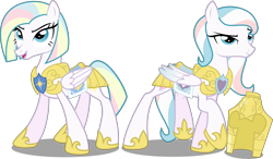 Size: 4292x2500 | Tagged: dead source, safe, artist:xebck, character:star catcher, species:pegasus, species:pony, g1, g3, g4, armor, duo, female, g1 to g4, g3 to g4, generation leap, helmet, mare, open mouth, royal guard, simple background, sisters, smiling, starshine, transparent background, vector