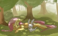 Size: 1125x700 | Tagged: safe, artist:php27, character:angel bunny, character:fluttershy, species:pegasus, species:pony, dappled sunlight, female, floppy ears, forest, mare, sleeping, tree