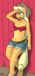 Size: 1500x3200 | Tagged: safe, artist:strangerdanger, character:applejack, species:anthro, species:unguligrade anthro, armpits, bedroom eyes, belly button, clothing, female, front knot midriff, midriff, open mouth, solo, sweat