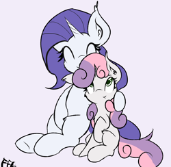 Size: 1054x1027 | Tagged: safe, artist:freefraq, character:rarity, character:sweetie belle, 30 minute art challenge, blank flank, cheek fluff, chest fluff, cute, duo, ear fluff, eyes closed, female, leg fluff, missing cutie mark, siblings, sisters, smiling