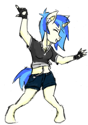 Size: 832x1176 | Tagged: safe, artist:coatieyay, character:dj pon-3, character:vinyl scratch, species:anthro, species:unguligrade anthro, clothing, dancing, earbuds, gloves, music player