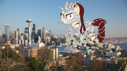 Size: 2800x1573 | Tagged: safe, artist:theotterpony, artist:vector-brony, oc, oc only, oc:rampage, species:pony, fallout equestria, fallout equestria: project horizons, armor, barbed wire, female, giant pony, giant/macro earth pony, giantess, irl, macro, metal, photo, ponies in real life, seattle, spikes