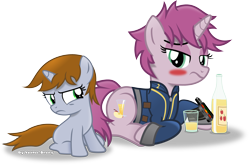Size: 3388x2236 | Tagged: safe, artist:vector-brony, oc, oc only, oc:littlepip, oc:littlepip's mother, species:pony, species:unicorn, fallout equestria, blank flank, blushing, bottle, cider, clothing, cute, cutie mark, drunk, fanfic, fanfic art, female, filly, foal, glass, hooves, horn, mare, mother and daughter, pipbuck, prone, simple background, sitting, transparent background, vault suit, vector, young, younger