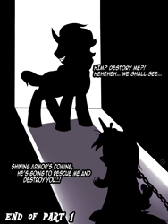 Size: 1000x1333 | Tagged: safe, artist:meggchan, character:king sombra, character:princess cadance, species:pony, species:unicorn, comic:princess cadance x king sombra, ship:somdance, bondage, chains, comic, dialogue, explicit source, female, grin, male, shipping, silhouette, straight