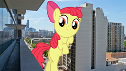 Size: 2488x1400 | Tagged: safe, artist:masem, artist:theotterpony, character:apple bloom, species:earth pony, species:pony, bipedal, building, chicago, cute, female, filly, giant pony, macro, party, solo