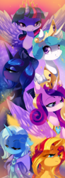Size: 720x1957 | Tagged: dead source, safe, artist:loyaldis, character:princess cadance, character:princess celestia, character:princess luna, character:sunset shimmer, character:trixie, character:twilight sparkle, character:twilight sparkle (alicorn), species:alicorn, alicorn tetrarchy, bedroom eyes, looking at you, sad, smiling