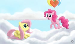 Size: 600x356 | Tagged: safe, artist:phenya, artist:phoenixb159, character:fluttershy, character:pinkie pie, balloon, flying, then watch her balloons lift her up to the sky