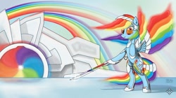 Size: 600x337 | Tagged: safe, artist:phenya, artist:phoenixb159, character:rainbow dash, female, future, solo, sword, visor
