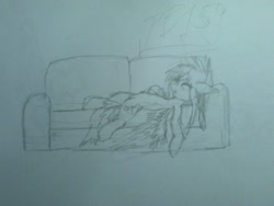 Size: 1600x1200 | Tagged: safe, artist:phenya, artist:phoenixb159, oc, oc only, oc:soft cloud, species:pegasus, species:pony, couch, female, mare, monochrome, sleeping, solo, traditional art