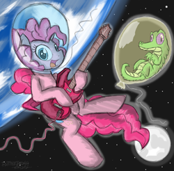 Size: 1250x1230 | Tagged: safe, artist:flutterthrash, character:gummy, character:pinkie pie, balloon, electric guitar, guitar, moon, planet, rock, space