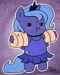 Size: 943x1181 | Tagged: safe, artist:strangerdanger, character:princess luna, species:pony, :t, annoyed, attached skirt, beady eyes, bipedal, blushing, chibi, clothing, crying, cute, female, filly, floaty, frown, lunabetes, one-piece swimsuit, pouting, solo, swimsuit, water wings, woona