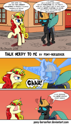 Size: 1024x1799 | Tagged: safe, artist:pony-berserker, oc, oc only, oc:berzie, oc:miss libussa, ponysona, species:changeling, species:pony, species:unicorn, angry, changeling oc, clothing, comic, czech republic, czechia, duo, female, hard hat, hat, i can't believe it's not idw, leaves, magic beam, magic blast, male, mare, prague, raspberry, red background, simple background, tongue out, tourist, yellow background