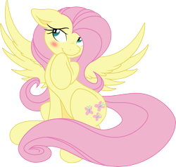 Size: 7556x7168 | Tagged: safe, artist:joey darkmeat, artist:portalart, character:fluttershy, species:pegasus, species:pony, absurd resolution, blushing, cute, female, mare, raised hoof, shyabetes, simple background, sitting, smiling, solo, spread wings, transparent background, vector, wings