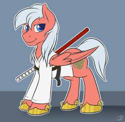 Size: 1200x1172 | Tagged: safe, artist:meggchan, oc, oc only, oc:rai, species:pegasus, species:pony, clothing, commission, looking at you, samurai, shirt, smiling, solo, sword, weapon