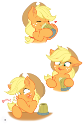Size: 2500x3700 | Tagged: safe, artist:joey darkmeat, artist:starbolt-81, character:applejack, species:earth pony, species:pony, burp, cider, comic, cute, drink, drinking, female, floppy ears, freckles, heart, jackabetes, mare, messy, simple background, solo, transparent background