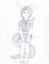 Size: 985x1292 | Tagged: safe, artist:joey darkmeat, character:fluttershy, species:anthro, species:pegasus, species:pony, bunny ears, clothing, dangerous mission outfit, female, monochrome, socks, solo, traditional art