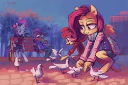 Size: 3448x2299 | Tagged: safe, artist:holivi, character:apple bloom, character:fluttershy, character:scootaloo, character:sweetie belle, species:anthro, species:pegasus, species:pony, cutie mark crusaders, feeding, high res, pigeons