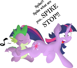 Size: 3072x2711 | Tagged: safe, artist:joey darkmeat, artist:qcryzzy, character:spike, character:twilight sparkle, eyes closed, music notes, open mouth, raised hoof, running, simple background, smiling, stahp, transparent background, wheelbarrow, wide eyes