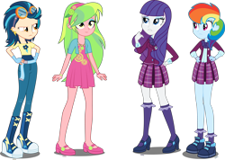 Size: 5500x3920 | Tagged: safe, artist:xebck, character:indigo zap, character:lemon zest, character:rainbow dash, character:rarity, equestria girls:friendship games, g4, my little pony: equestria girls, my little pony:equestria girls, absurd resolution, alternate costumes, alternate hairstyle, alternate universe, bangs, bracelet, clothes swap, clothing, crystal prep academy, crystal prep academy uniform, crystal prep shadowbolts, goggles, hand on hip, headband, high heels, long hair, role reversal, school uniform, shadowbolt dash, shoes, simple background, skirt, transparent background, vector