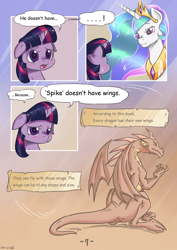 Size: 1500x2122 | Tagged: safe, artist:dsp2003, artist:mrs1989, character:princess celestia, character:twilight sparkle, species:dragon, colored, comic, filly, filly twilight sparkle, pouting, spike the messenger