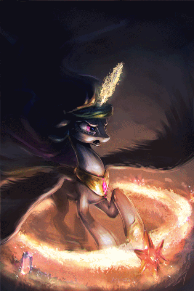 Size: 655x983 | Tagged: safe, artist:assasinmonkey, artist:equum_amici, character:princess celestia, species:alicorn, species:pony, episode:princess twilight sparkle, g4, my little pony: friendship is magic, animated, badass, cinemagraph, crying, dark, elements of harmony, epic, eye reflection, female, fight, glare, glow, glowing horn, magic, mare, open mouth, sad, scene interpretation, solo, spread wings, wings