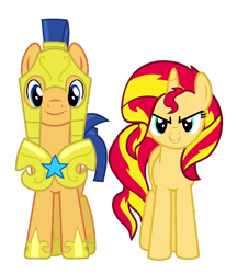 Size: 1864x2160 | Tagged: safe, artist:3d4d, artist:chainchomp2 edit, artist:vector-brony, edit, character:flash sentry, character:sunset shimmer, species:pegasus, species:pony, species:unicorn, ship:flashimmer, cute, evil grin, female, front, grin, male, royal guard, shipping, simple background, smiling, smirk, straight, white background