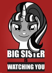 Size: 3508x4961 | Tagged: dead source, safe, artist:xebck, character:starlight glimmer, episode:the cutie map, g4, my little pony: friendship is magic, 1984, big brother, big brother is watching, female, looking at you, parody, poster, red background, simple background, solo, vector