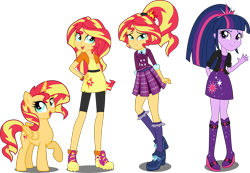 Size: 3500x2426 | Tagged: safe, artist:xebck, character:sunset shimmer, character:twilight sparkle, species:alicorn, species:pony, equestria girls:friendship games, g4, my little pony: equestria girls, my little pony:equestria girls, alicornified, alternate hairstyle, alternate universe, clothes swap, clothing, crystal prep academy, crystal prep academy uniform, crystal prep shadowbolts, cute, frilly socks, frown, looking at you, open mouth, pleated skirt, ponytail, race swap, raised hoof, role reversal, school uniform, shimmerbetes, shimmercorn, simple background, skirt, smiling, socks, transparent background, vector, waving