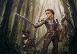 Size: 1920x1360 | Tagged: safe, artist:assasinmonkey, character:applejack, character:winona, species:dog, species:human, armor, badass, clothing, cowboy hat, fantasy class, female, forest, hat, humanized, knight, realistic, shield, stetson, sword, technically advanced, warrior